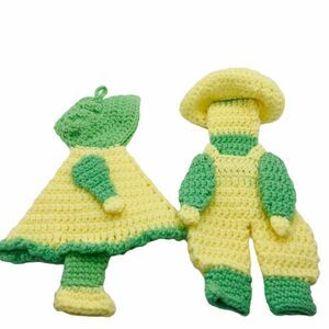 Sunbonnet Sue And Sam Hanging Potholders Retro Style Handmade Green Yellow